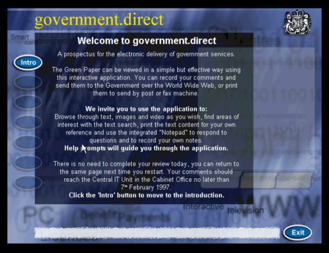 An introductory screen from the 1996 interactive CD-ROM 'Government Direct'