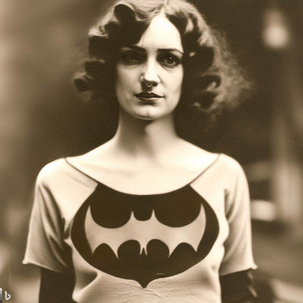 A sepia tint image of a woman in the 1920s wearing a top with the bat logo