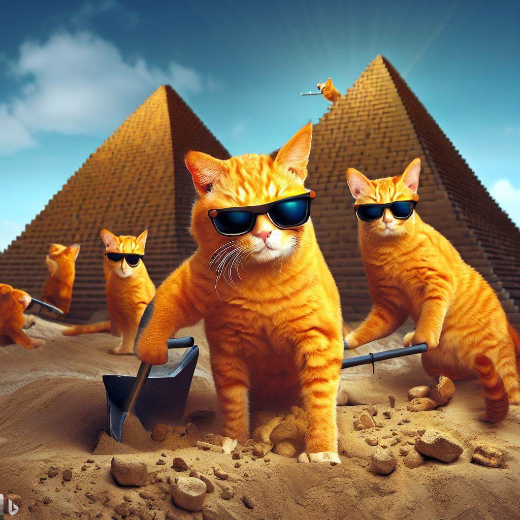 Ginger cats wearing sunglasses, busy building the pyramids