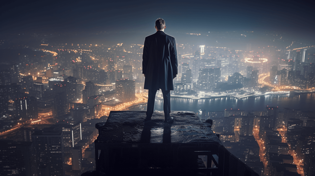 A man in a dark raincoat has his back towards us as he stands on the top of a skyscraper and looks out over the night time lights of the city below