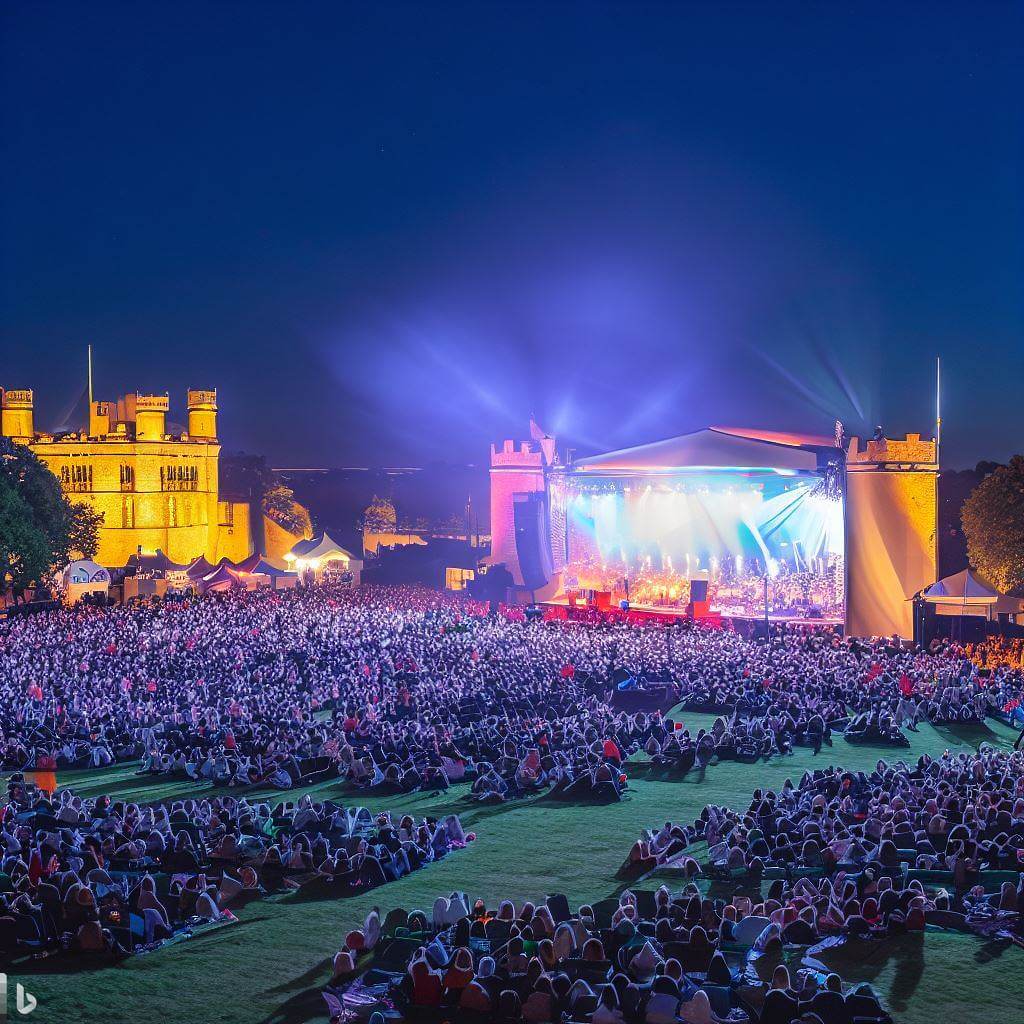 A large stage and band and big audience sitting on the grass with a castle in the background
